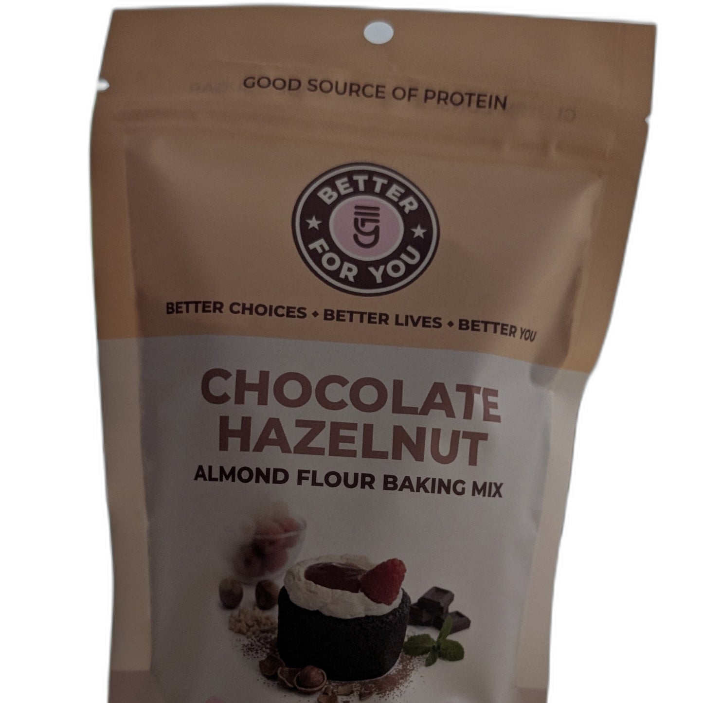 Package of chocolate hazelnut almond flour baking mix with visible branding on a white background