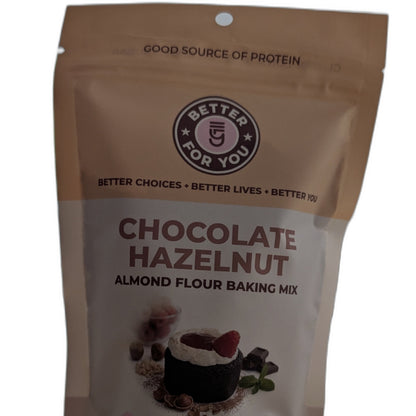 Package of chocolate hazelnut almond flour baking mix with visible branding on a white background