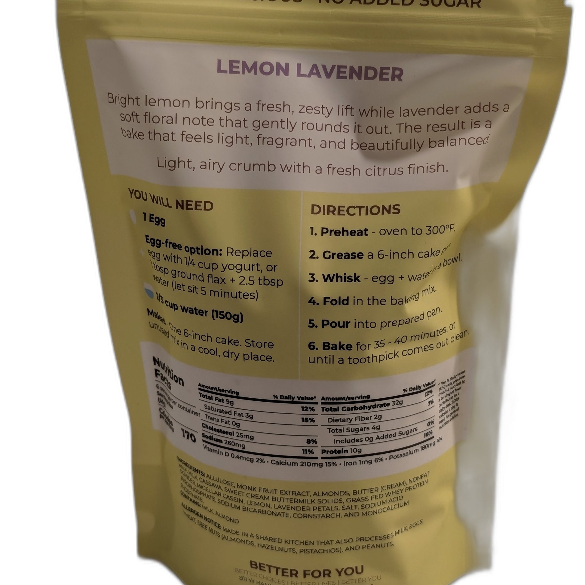 Yellow cake mix package with text and directions on a white background