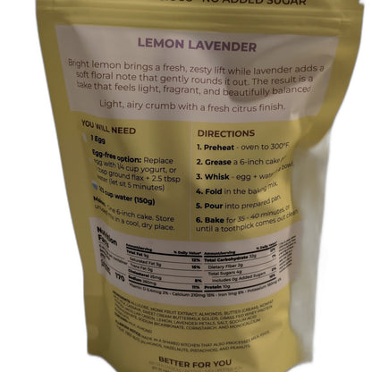 Yellow cake mix package with text and directions on a white background