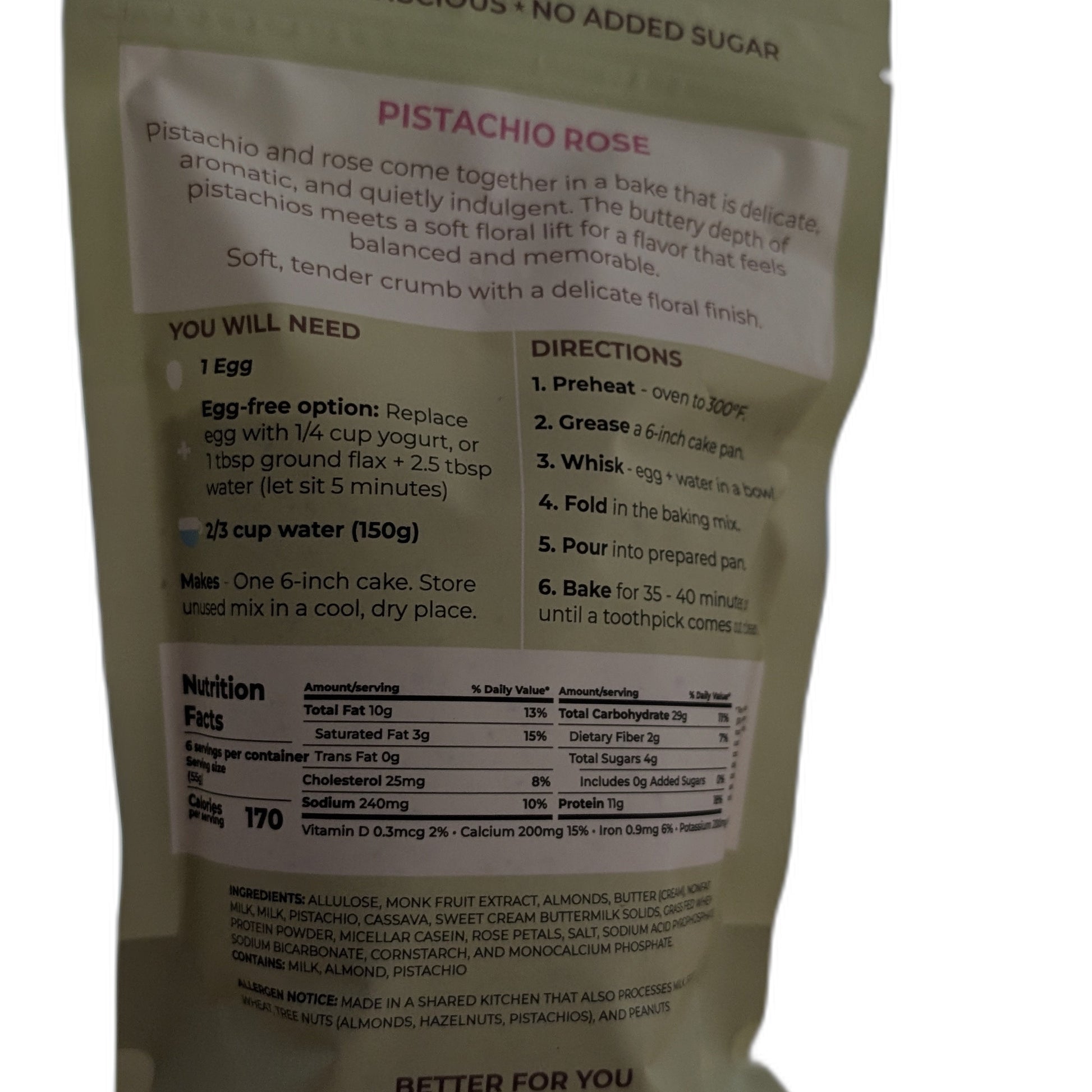 Back of a cake mix package with text and nutritional information on a white background