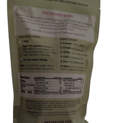 Back of a cake mix package with text and nutritional information on a white background