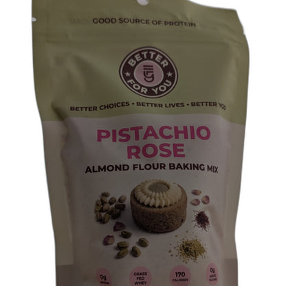 Pouch of pistachio rose almond flour baking mix with branding on a white background